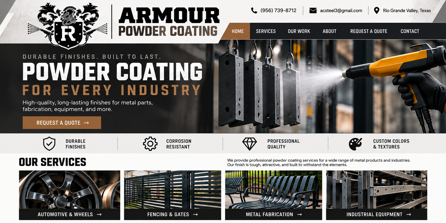 Armour Powder Coating homepage design with logo, industrial coating message and service categories.