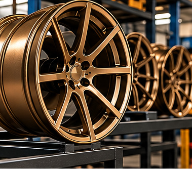 Bronze powder-coated alloy wheels in a workshop