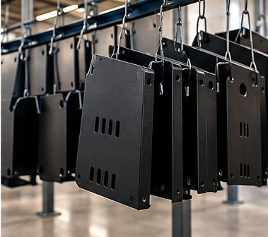 Hanging powder-coated metal parts in a finishing workshop